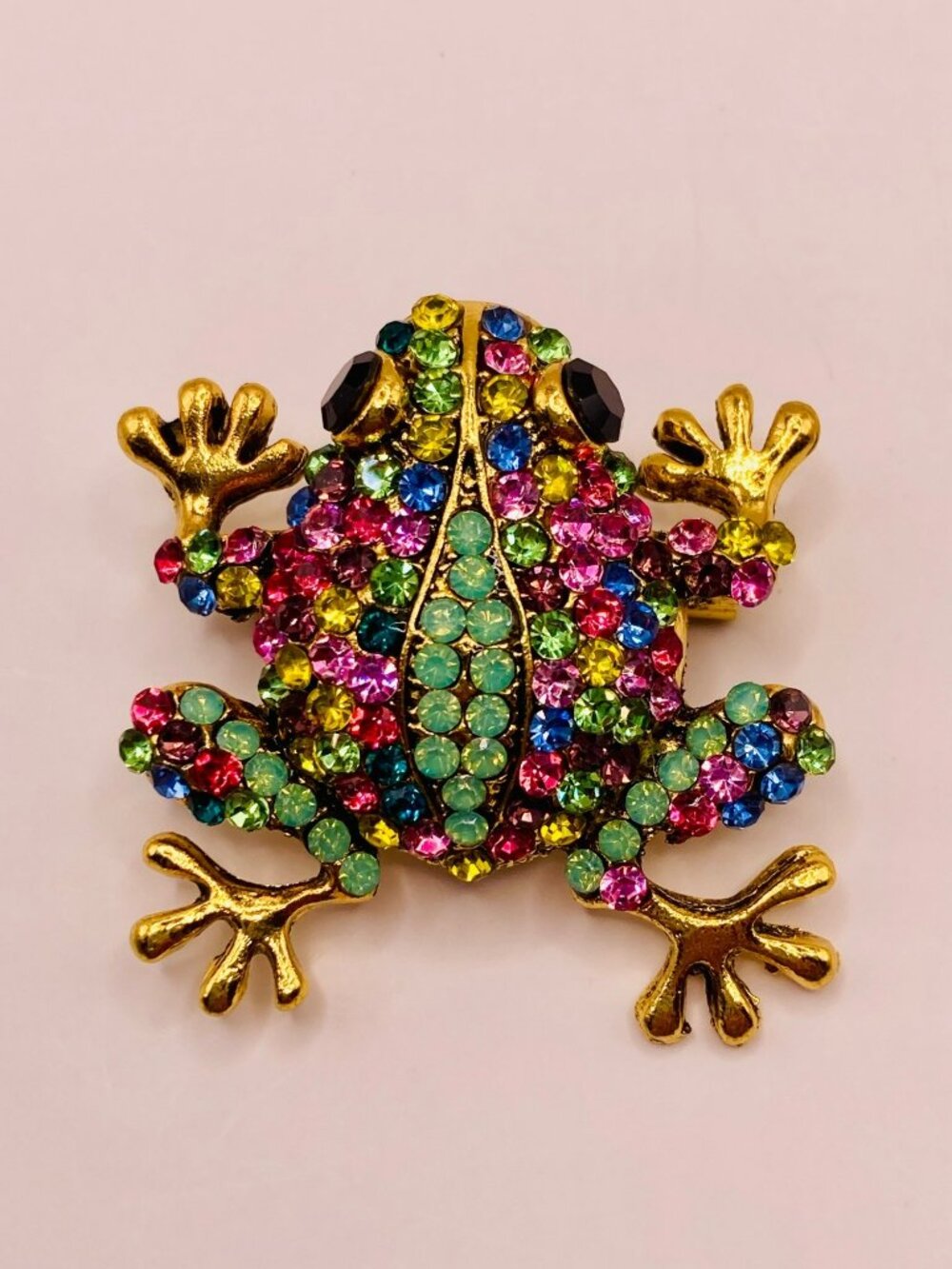 Colorful Rhinestone Frog Brooch Pin Gold-Tone Multicolor -48B